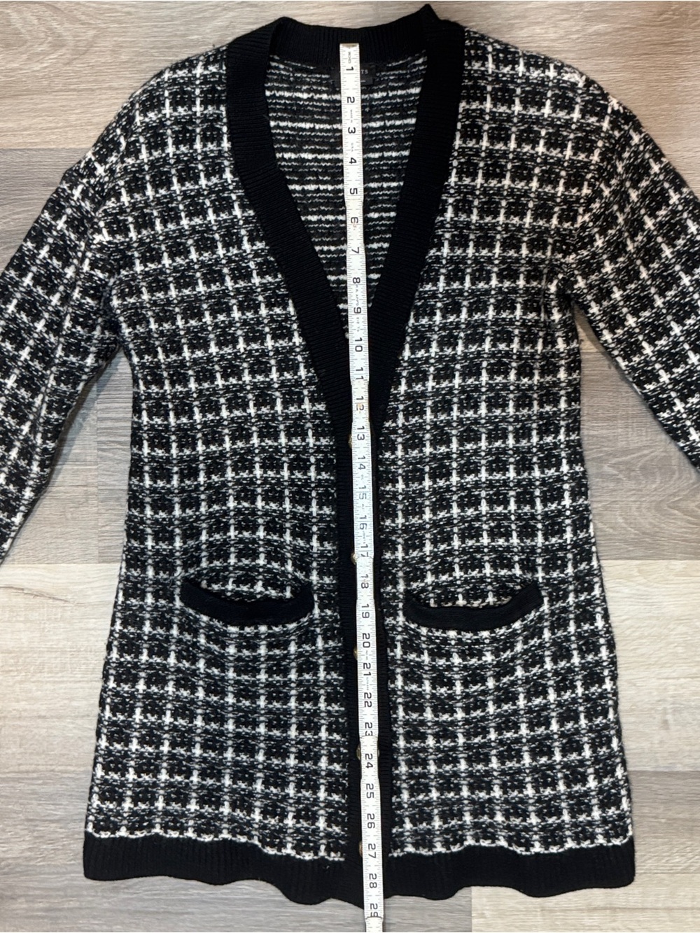Talbots Black & White Tweed Long Cardigan Merino Wool Sweater with Gold Buttons - Picture 6 of 9